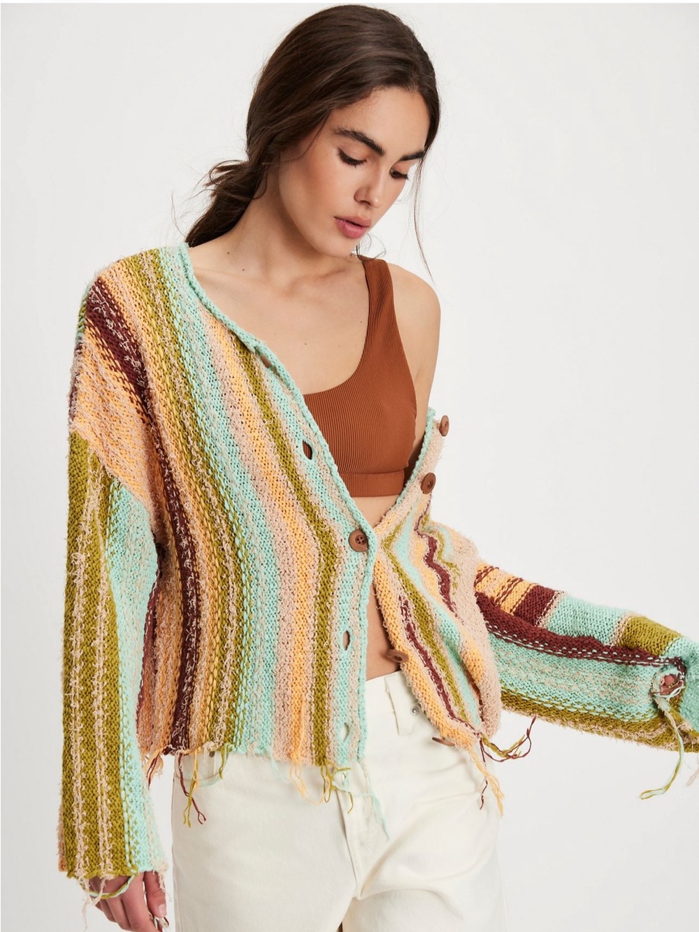 Free People Baja Cardi Striped Open-Knit Button Cardigan Sweater